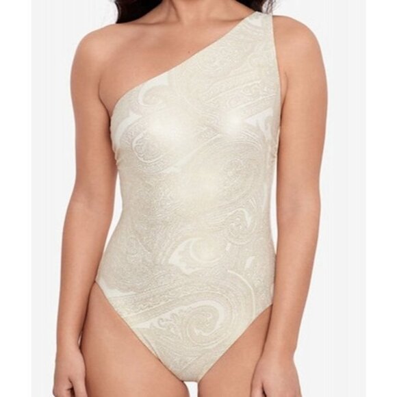 Ralph Lauren Swim One-Piece Swimsuit Lux Paisley Gold Foil One Shoulder Swimwear - Picture 5 of 9